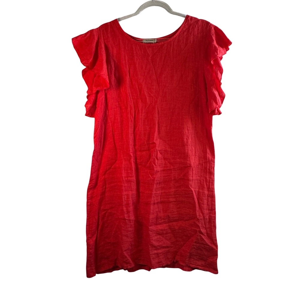 Lungo L'Arno Italy Red Linen Shift Dress Flutter Ruffle Sleeve M Quiet Luxury